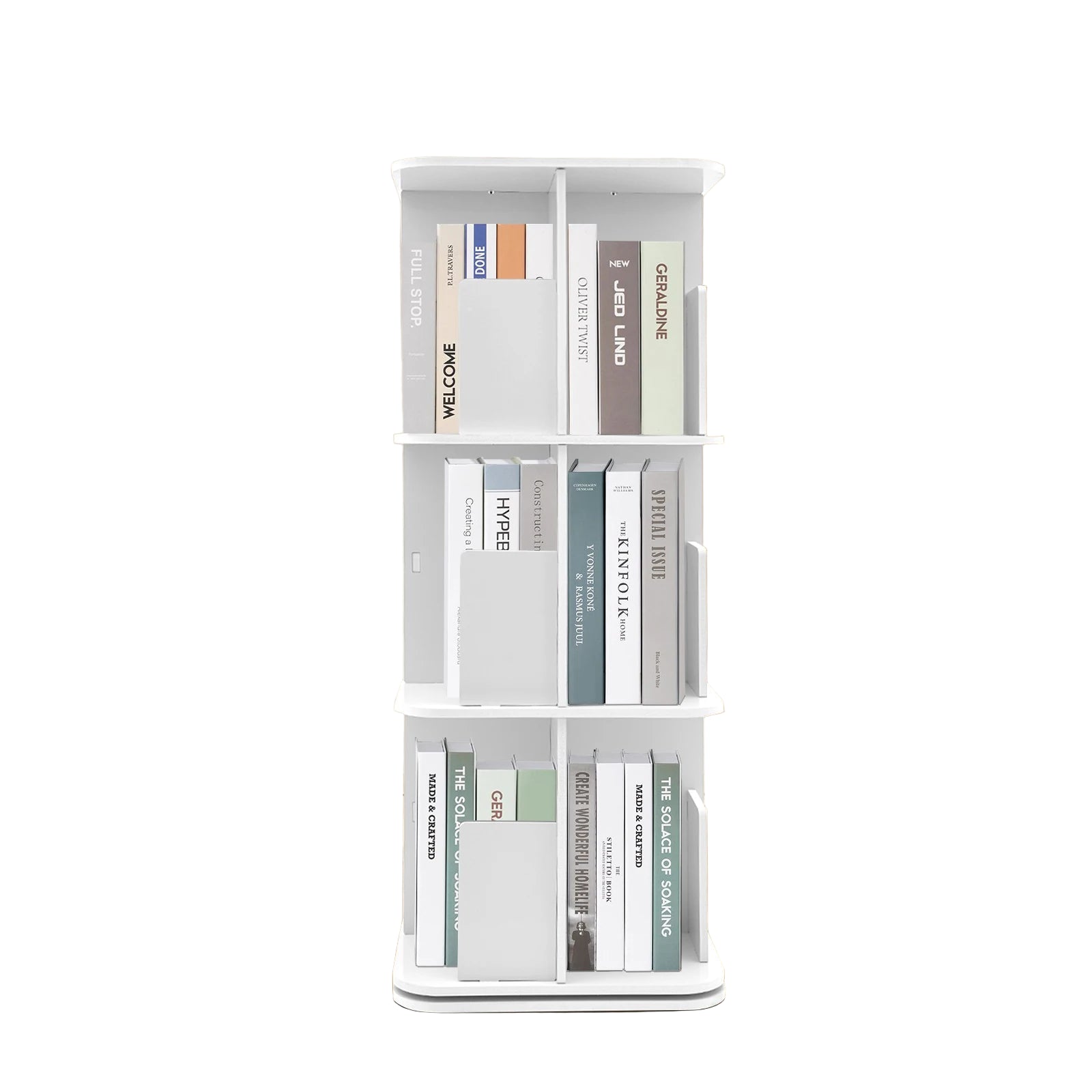 Drehbares Bücherregal mit 3 Ebenen – 360° Regal aus Edelstahl mit Schreibtischunterlage, Weiß