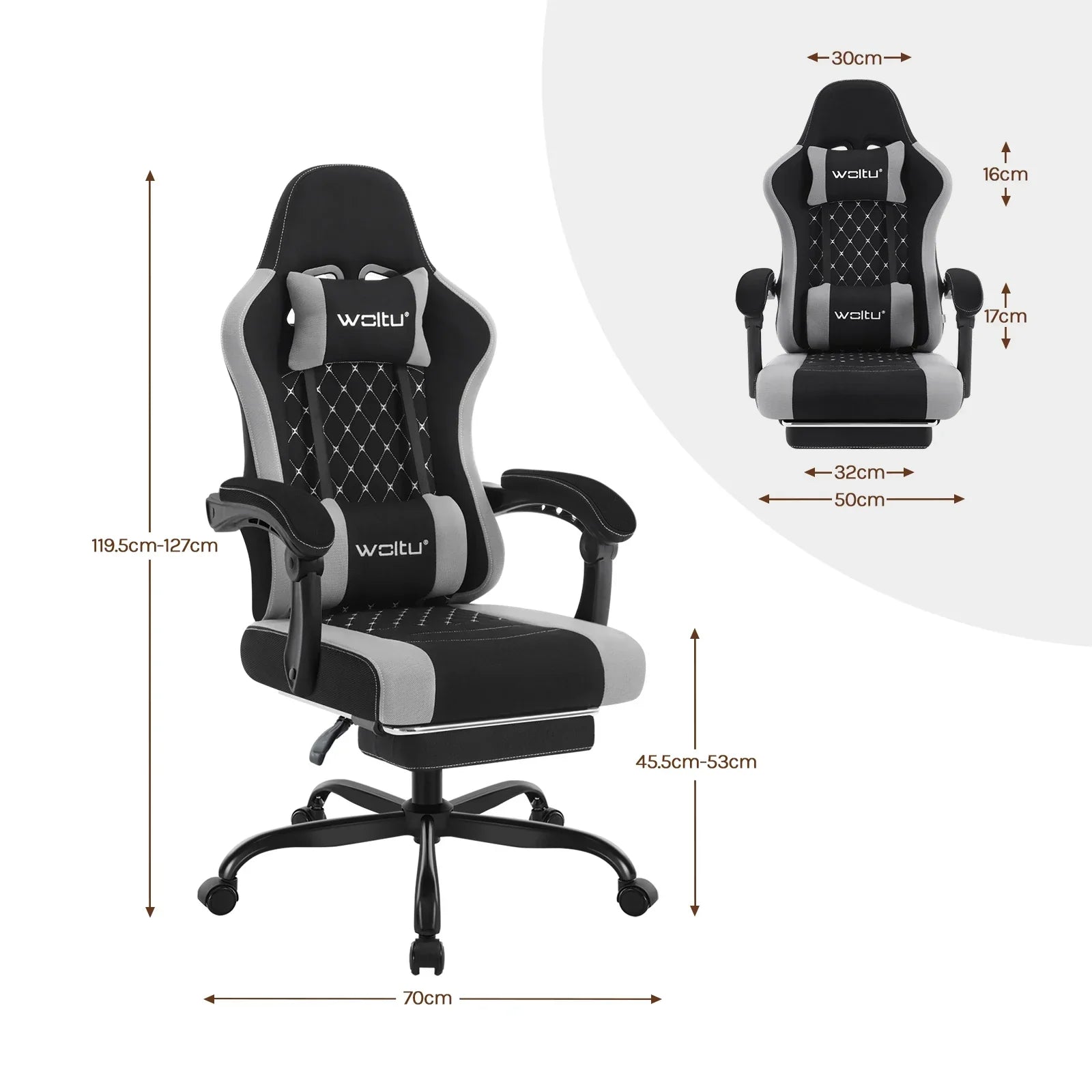 Gaming-Stuhl mit Fußstütze – Drehbarer Computerstuhl mit Kopfstütze und Kissen, 70 × 70 × 127 cm