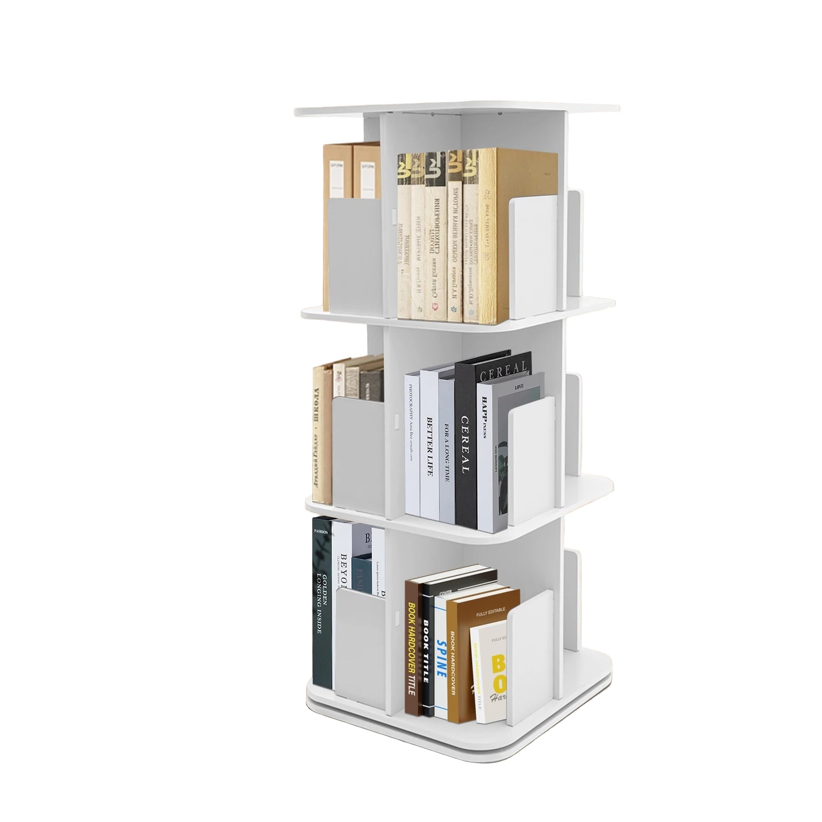 Drehbares Bücherregal mit 3 Ebenen – 360° Regal aus Edelstahl mit Schreibtischunterlage, Weiß